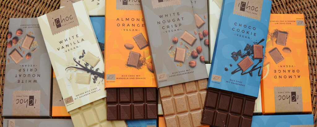 Alle vier Sorten iChoc auf einen Blick: White Vanilla, Allmond Orange, White Nougat Crisp und Choco Cookie