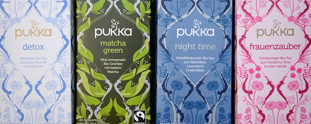 Hier seht ihr die Pukka-Sorten Detox, Green Matcha, Nighttime und Frauenzauber.